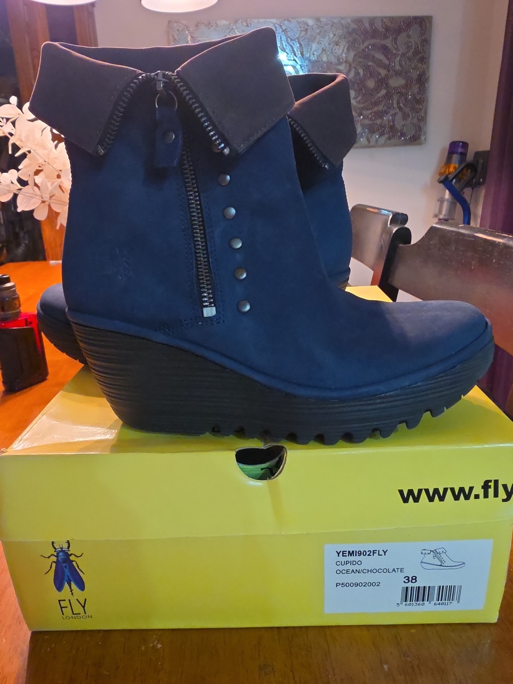 Fly London Navy Blue Wedge Ankle Boots with Chocolate Fold-Over Cuff 38